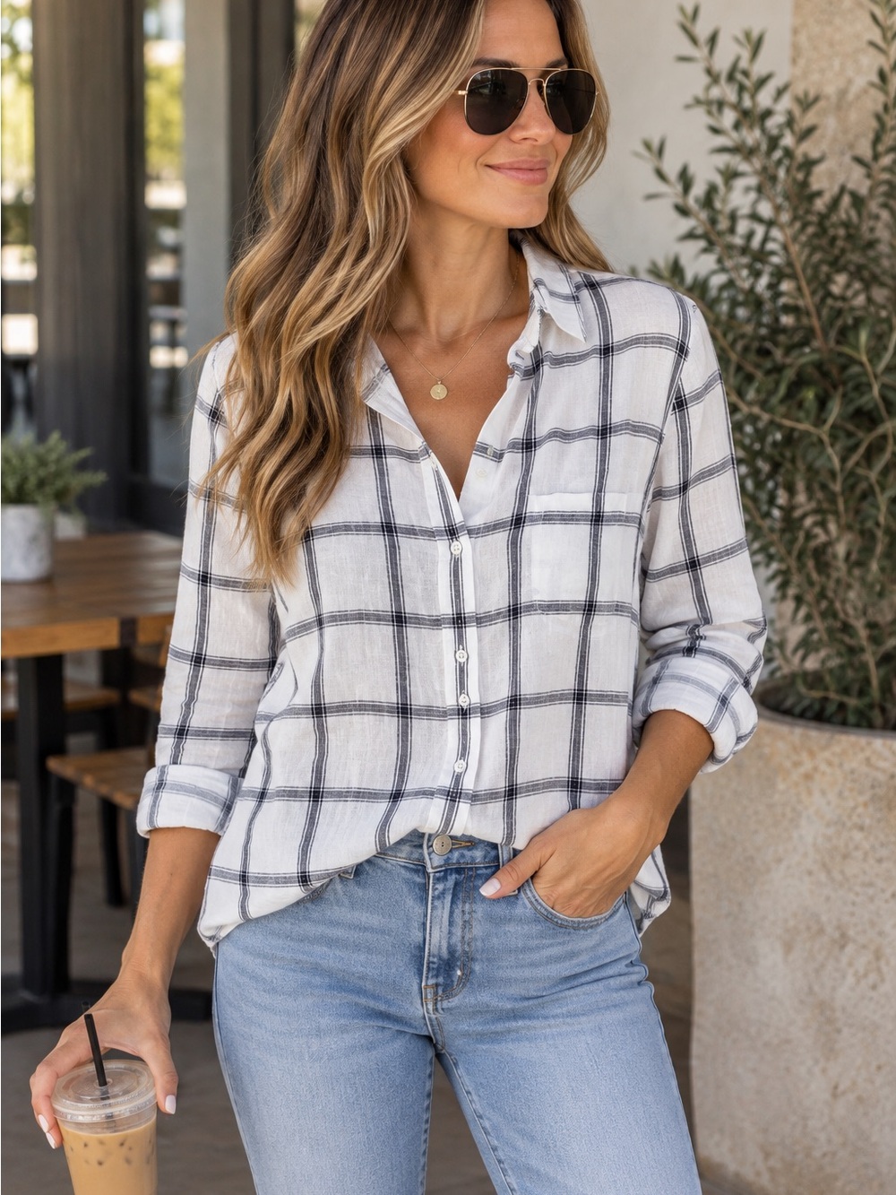 Grayson The Hero Window Pane Classic White Plaid 100% Linen Button-Down Shirt